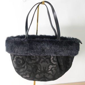 Bag Black Fur Bag Velvet Shoulder Purse Faux Floral Brocade Shearling Handbag